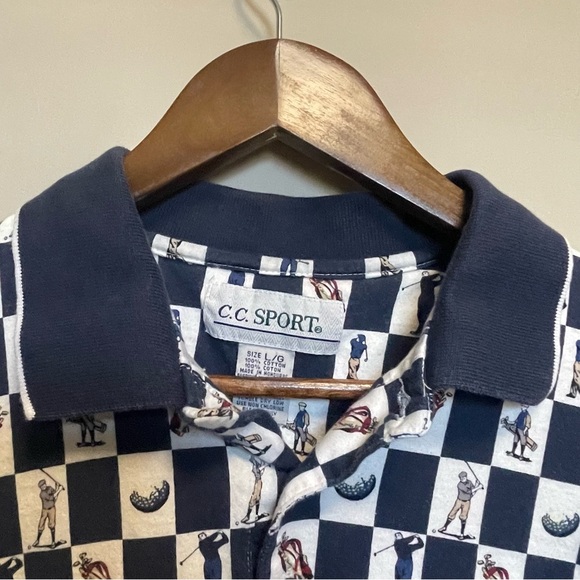Vintage C.C. Sport Navy and White Patterned Golf Polo Shirt Men’s Large - Picture 2 of 8